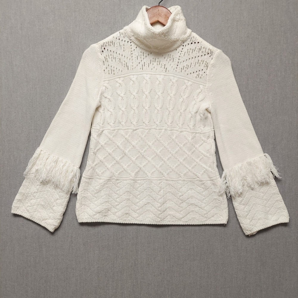 White House Black Market Chunky Sweater XXS‎ Ivory Cowl Cable Knit Fringe Beaded